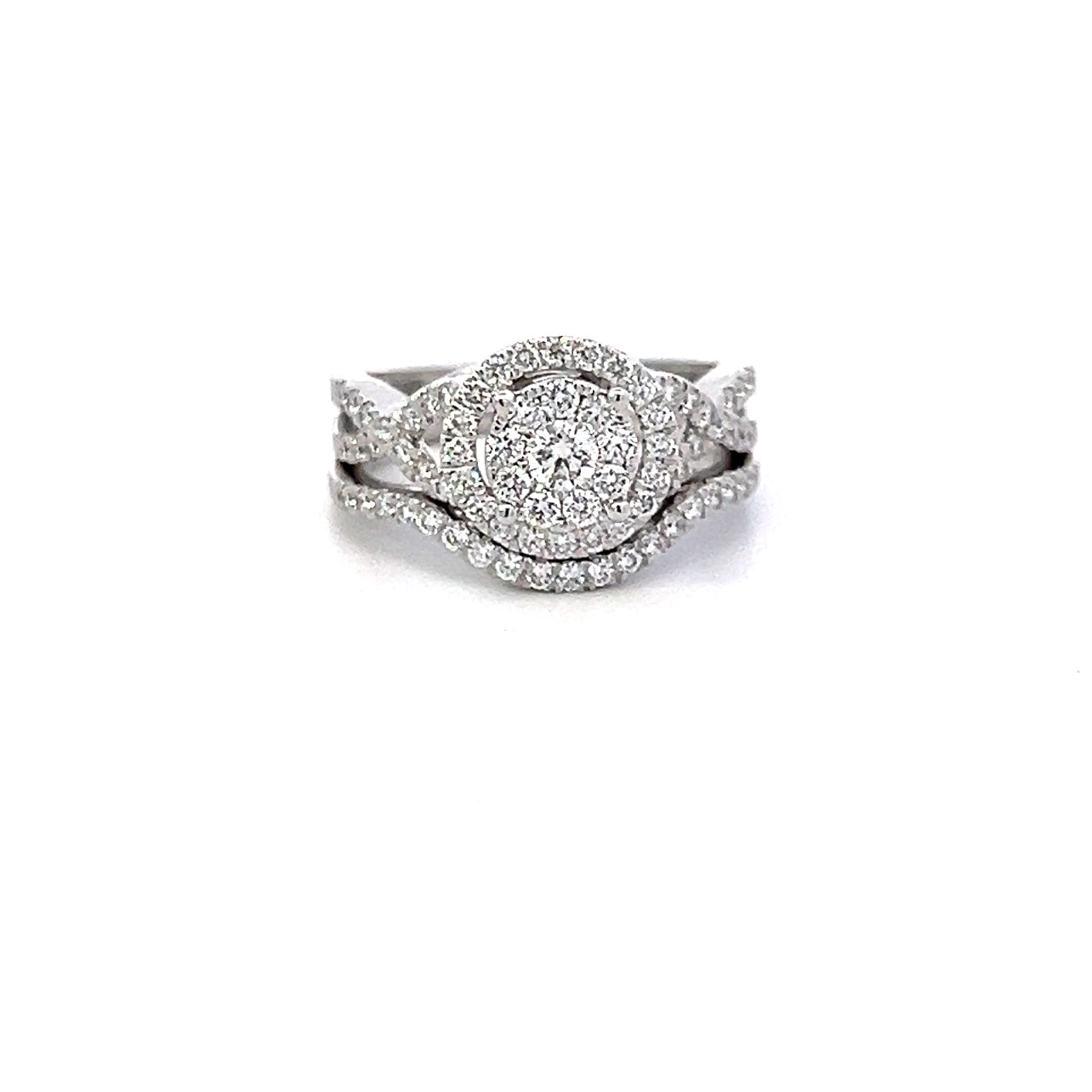 D 581 - Doble Anillo Ondulado con Halo y Diamantes Pavé