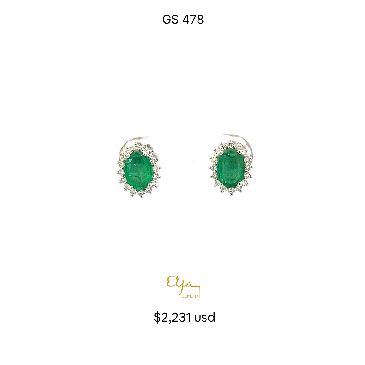 Par aretes esmeralda oval y halo de diamantes 32 D .29 ct EM 1.27 ct OB 14k